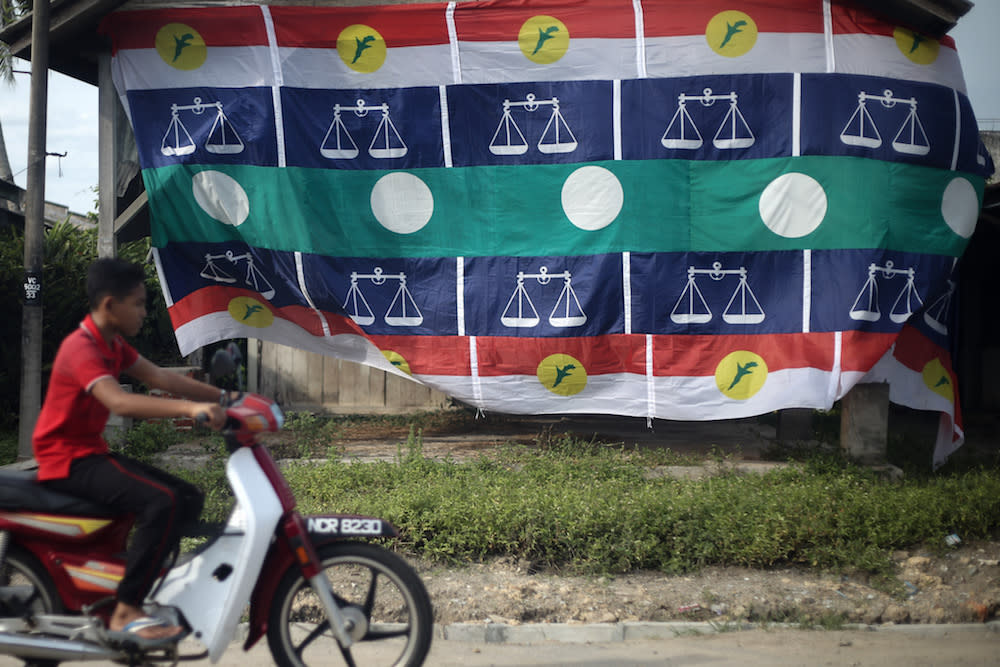 Umno, PAS and Barisan Nasional flags are seen in Rantau April 12, 2019. — Picture by Ahmad Zamzahuri