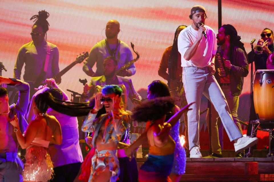 Bad Bunny performs at the 65th Grammy Awards.