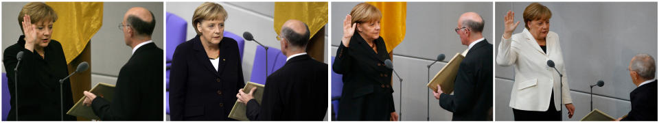 A combination picture shows German Chancellor Angela Merkel is sworn as chancellor on (L to R) November 22, 2005, October 28, 2009, December 17, 2013 and March 14, 2018 in Berlin, Germany.    REUTERS/Staff