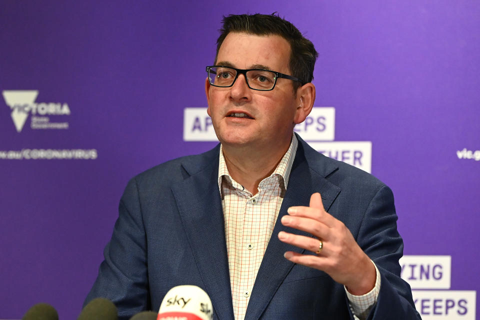 Photo shows Victorian Premier Daniel Andrews addressing media.