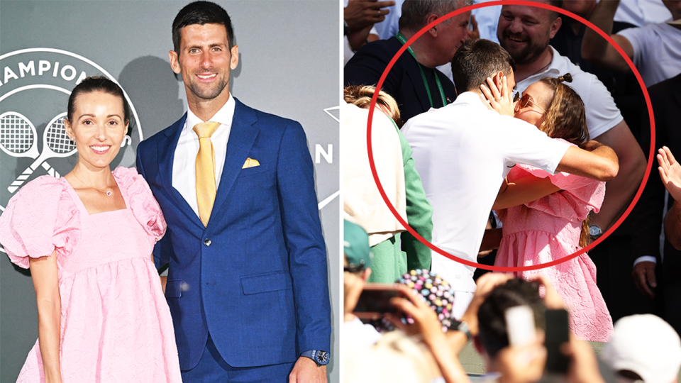 Jelena Djokovic and Novak Djokovic (pictured left) posing for a photo at Wimbledon and (pictured right) Novak Djokovic kissing his wife in the stands.