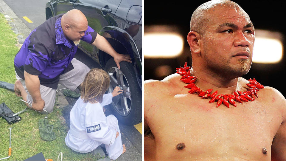 New Zealand boxing legend David Tua was praised after stopping to help a stranded driver change a tyre - and even teach her son how to do it. Pictures: Facebook/Getty Images