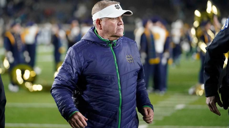 Notre Dame head coach Brian Kelly leaves the field following an NCAA college football game against Georgia Tech, Saturday, Nov. 20, 2021, in South Bend, Ind. Notre Dame won 55-0. (AP Photo/Darron Cummings)