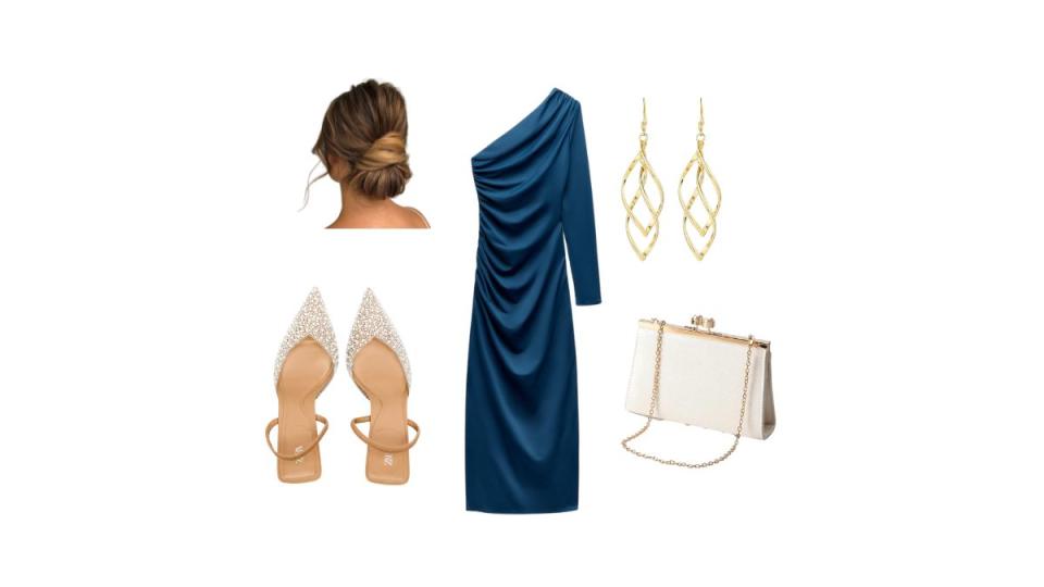 Blue cocktail dress with updo.