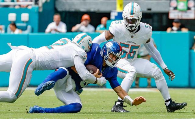 Miami Dolphins linebacker Jerome Baker (55) pursues a play on