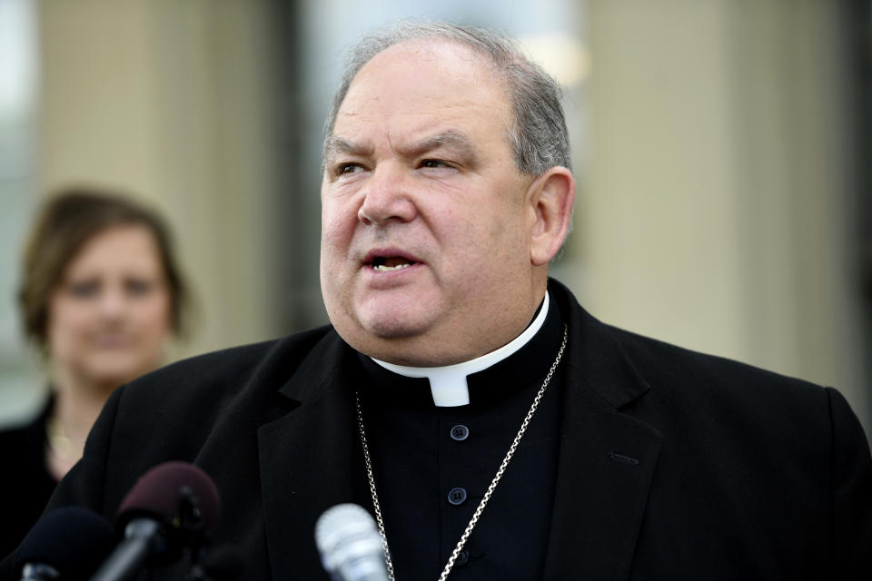 FILE - In this May 31, 2018 file photo, Archbishop Bernard Hebda speaks at the Archdiocese of St. Paul and Minneapolis Chancery, in St. Paul, Minn. Hebda says he has opened an investigation under a new Vatican protocol into allegations that the bishop of Crookston interfered with investigations into clerical sexual misconduct. Hebda made the announcement Wednesday Sept. 11, 2019. His statement says the investigation targets Bishop Michael Hoeppner of the Crookston diocese in northwestern Minnesota. (John Autey /Pioneer Press via AP, File)