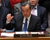 Foreign Minister of China Wang Yi speaks during a United Nations Security Council meeting on North Korea April 28, 2017 in New York