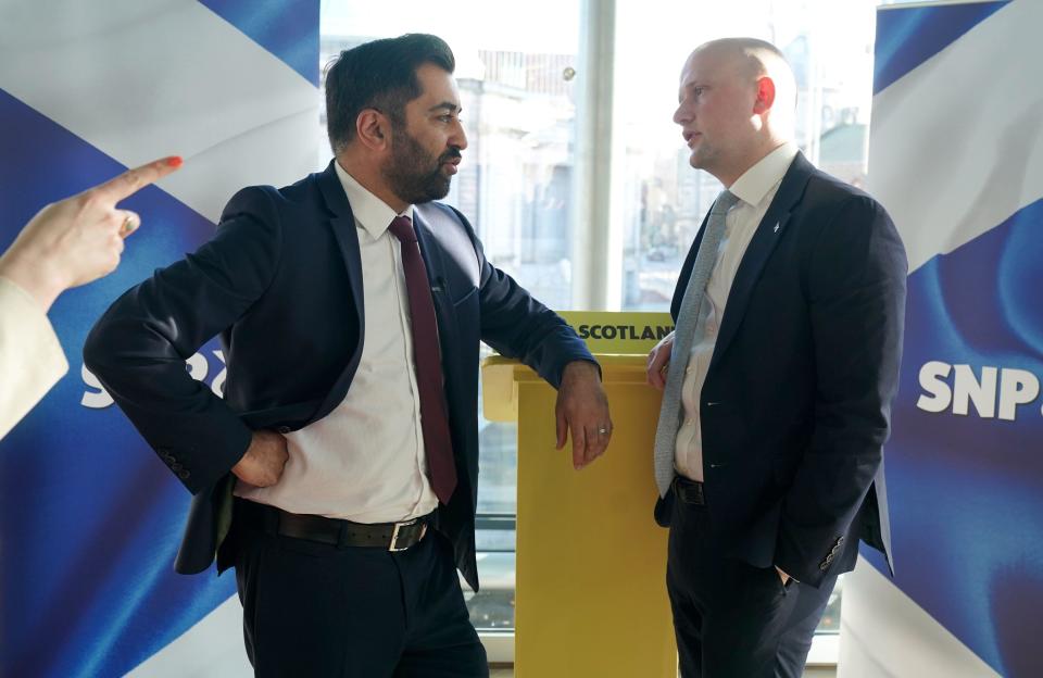 First Minister of Scotland and SNP leader Humza Yousaf alongside Westminster Leader Stephen Flynn after delivering a speech on the future of Scotland's Energy Sector and the UK general election, at His Majesty's Theatre, in Aberdeen. Picture date: Monday February 19, 2024.