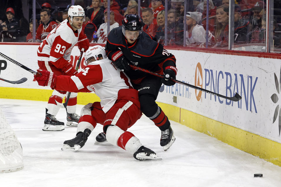 Detroit Red Wings' Robby Fabbri (14) collides with Carolina Hurricanes' Sebastian Aho (20) behind the net during the first period of an NHL hockey game in Raleigh, N.C., Friday, Jan. 19, 2024. (AP Photo/Karl B DeBlaker)