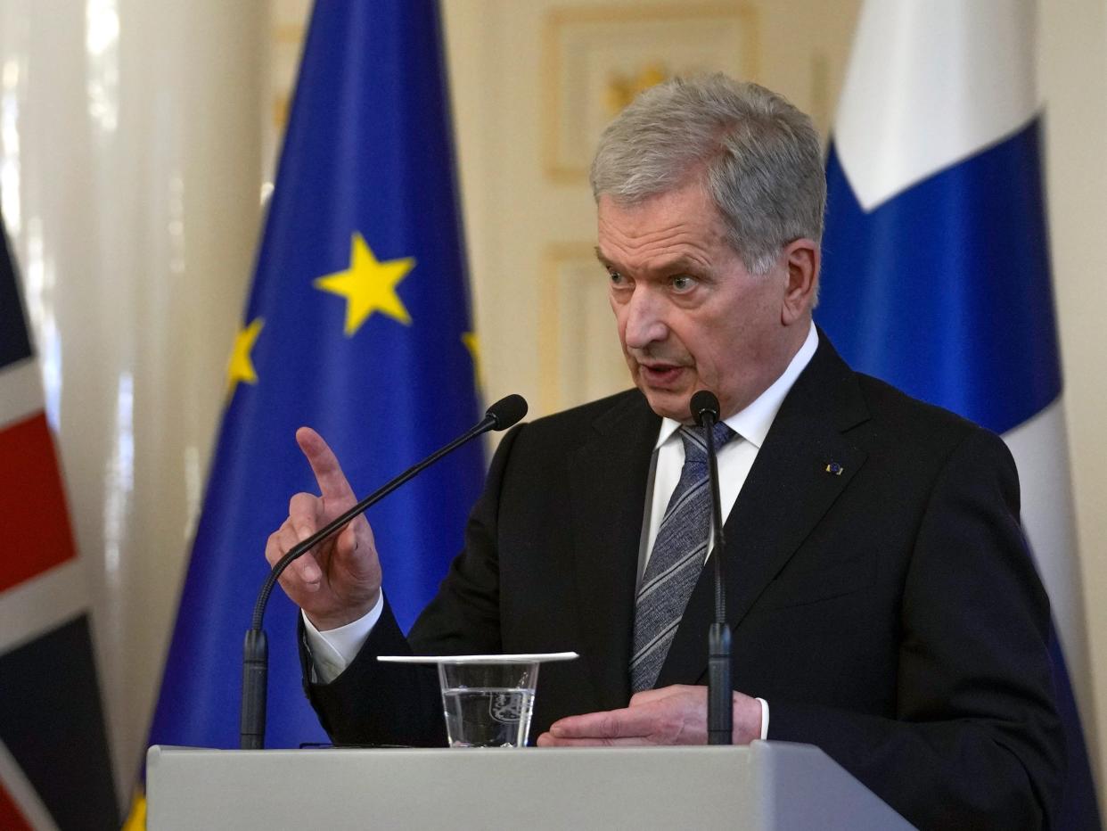 Finland's President Sauli Niinisto makes a point during a joint press conference with British Prime Minister Boris Johnson at the Presidential Palace on May 11, 2022 in Helsinki, Finland.