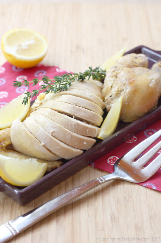 <p>Classic roast chicken flavors made even easier in your slow cooker. Get this <a href="https://cupcakesandkalechips.com/lemon-herb-slow-cooker-roast-chicken/" rel="nofollow noopener" target="_blank" data-ylk="slk:Lemon Herb Slow Cooker Roast Chicken;elm:context_link;itc:0;sec:content-canvas" class="link rapid-noclick-resp">Lemon Herb Slow Cooker Roast Chicken</a> recipe!</p>