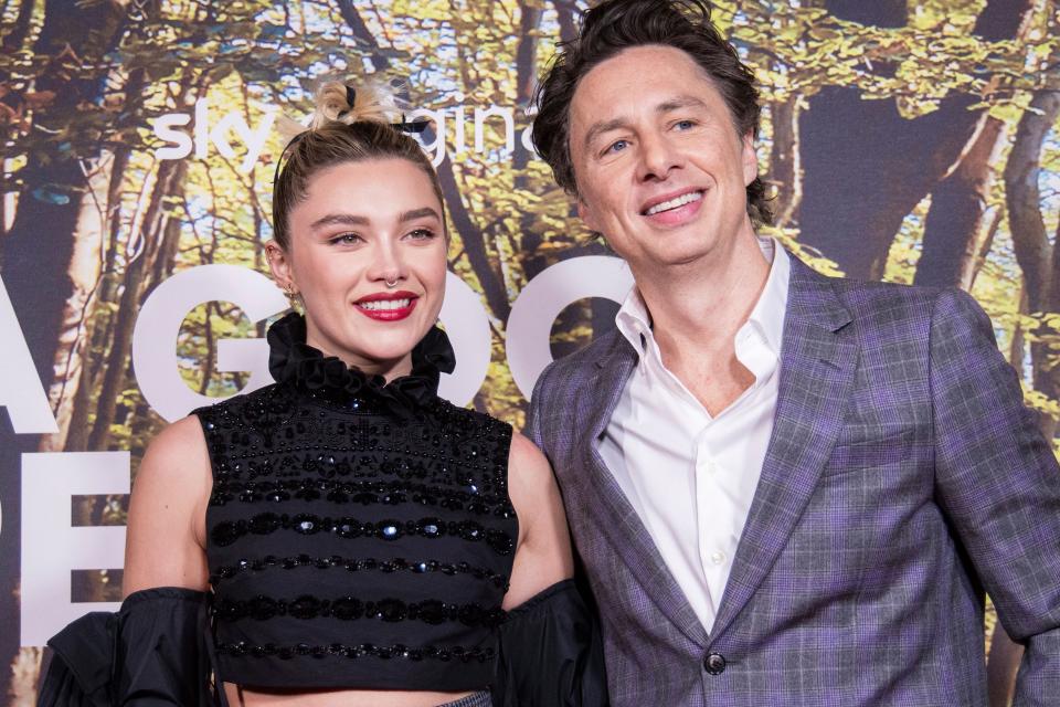 Zach Braff and Florence Pugh arrive for the premiere of "A Good Person" March 8 in London.