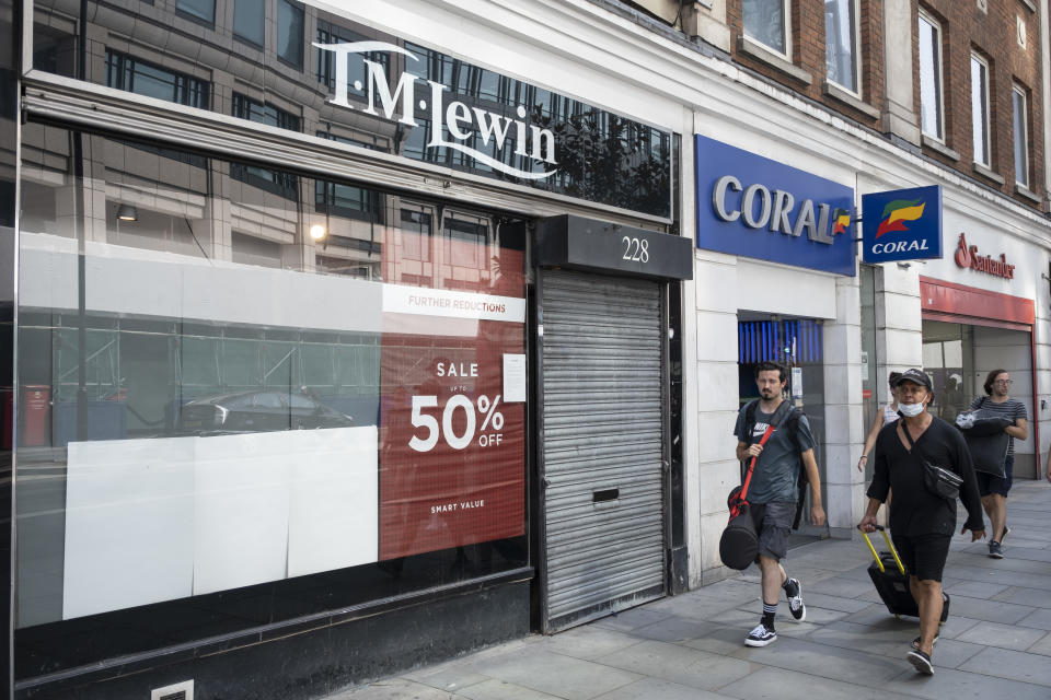 As Britain enters a period of deep recession, some shops remain closed with shutters down either temporarily or permanently as the economic downturn caused by the Covid-19 pandemic cuts hard on the high street as with shops like the shirtmaker TM Lewin 12th August 2020 in London, United Kingdom. The Office for National Statistics / ONS has announced that gross domestic product / GDP, the widest gauge of economic health, fell by 20.4% in the second quarter of the year, compared with the previous quarter. This is the biggest decline since records began. The result is that Britain has officially entered recession, as the UK economy shrank more than any other major economy during the coronavirus outbreak. (photo by Mike Kemp/In PIctures via Getty Images)