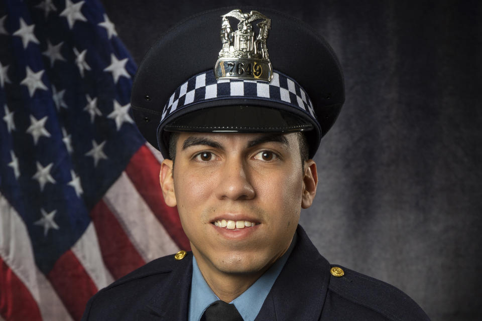 This undated image released by the Chicago Police Department shows officer Andres Vasquez-Lasso, who died after he was wounded in a shootout with a man who was reportedly chasing a woman with a gun in Chicago, authorities said Thursday, March 2, 2023. (Chicago Police Department via AP)