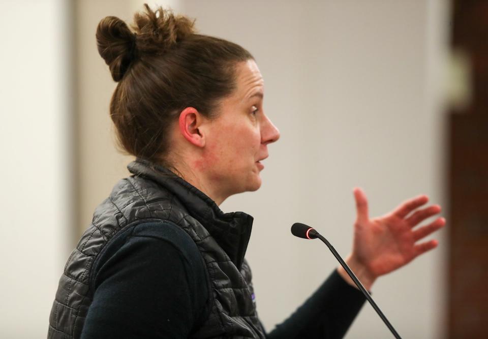 Central High Magnet teacher Ellen Neihoff addresses the JCPS Board during a school board meeting on Tuesday, February 13, 2024