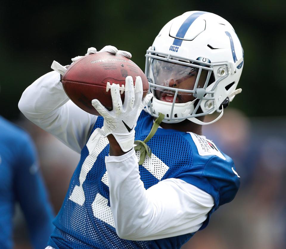 Indianapolis Colts wide receiver Parris Campbell (15) during their preseason training camp practice at Grand Park in Westfield on Friday, July 26, 2019.