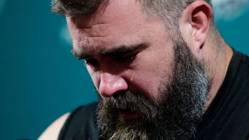 Philadelphia Eagles' Jason Kelce cries during a press conference announcing his retirement. - Matt Rourke/AP