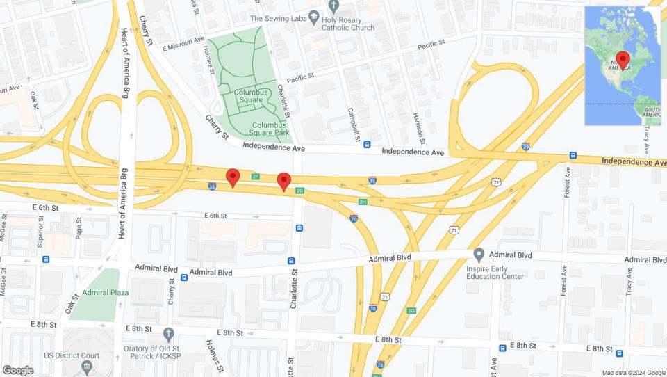 A detailed map that shows the affected road due to 'Broken down vehicle on eastbound I-70/I-35 in Kansas City' on July 15th at 4:57 p.m.