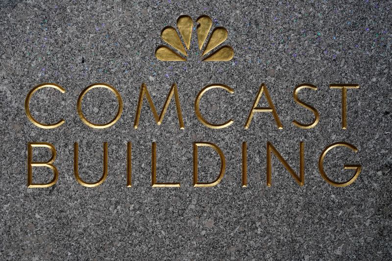 A sign is pictured outside NBC headquarters at Rockefeller Center in the Manhattan borough of New York City