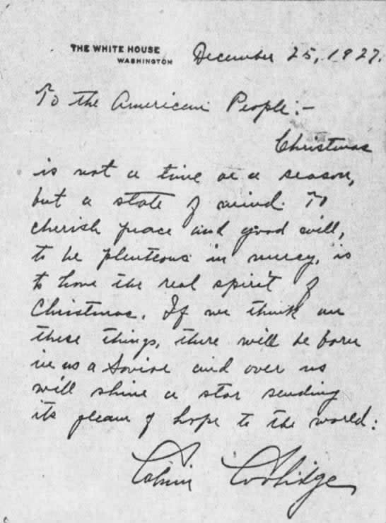 <p>The 1927 Christmas greeting from Calvin Coolidge.</p>US Government
