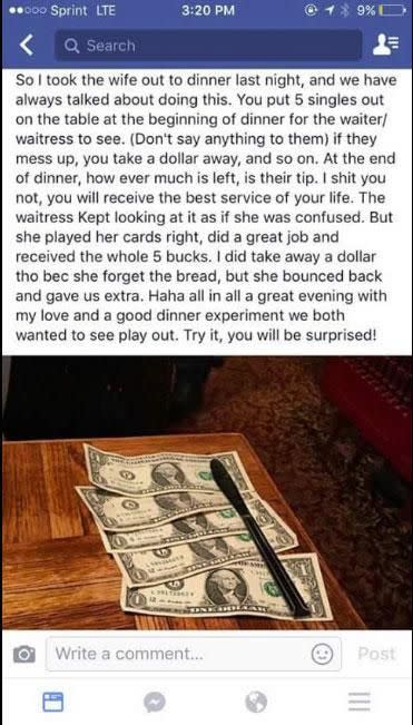 In the Facebook post (pictured) the man encourages people to try his mean restaurant tipping trick. Photo: Facebook