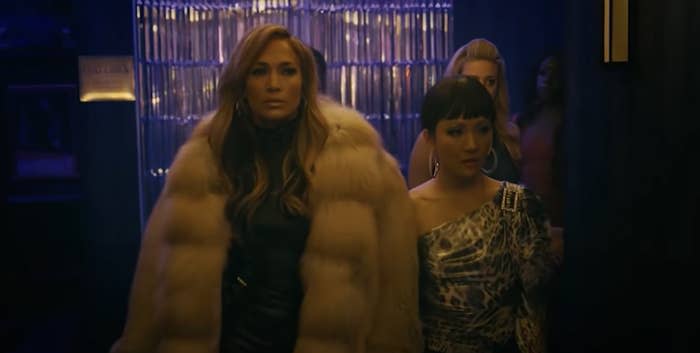 Jennifer Lopez in a giant fur coat in "Hustlers"