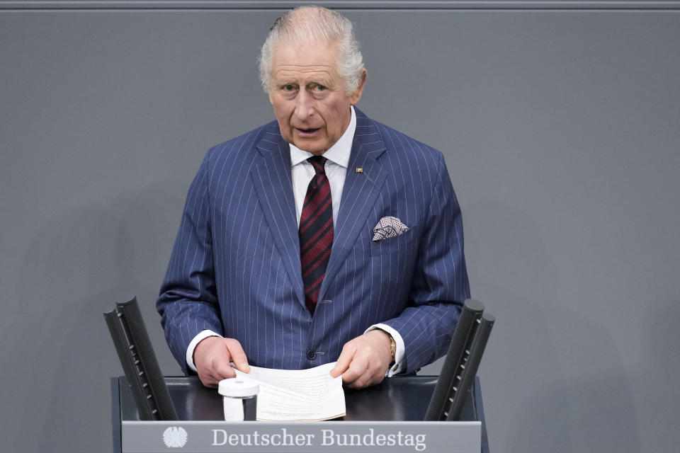 Britain's King Charles III, left, addresses the Bundestag, Germany's Parliament, in Berlin, Thursday, March 30, 2023. King Charles III arrived Wednesday for a three-day official visit to Germany. (AP Photo/Markus Schreiber)