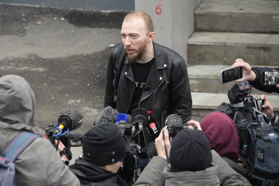 Daniil Berman, the lawyer of arrested Wall Street Journal reporter Evan Gershkovich, speaks to journalists near the Lefortovsky court, in Moscow, Russia, Thursday, March 30, 2023. Russia's top security agency says an American reporter for the Wall Street Journal has been arrested on espionage charges. The Federal Security Service said Thursday that Evan Gershkovich was detained in the Ural Mountains city of Yekaterinburg while allegedly trying to obtain classified information. (AP Photo/Alexander Zemlianichenko)