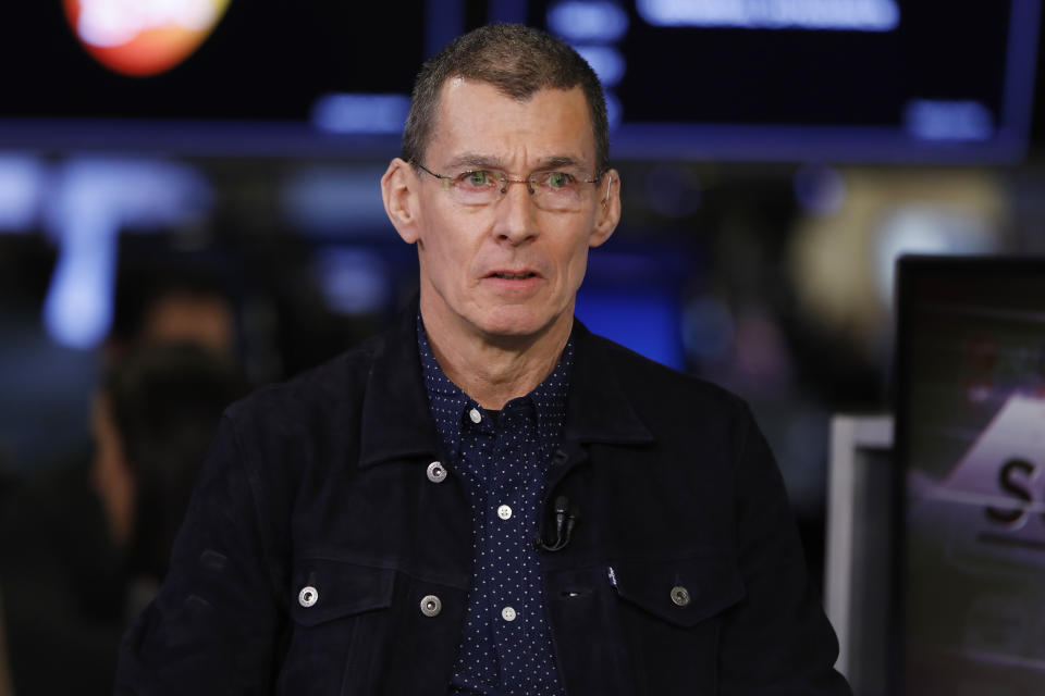 FILE - Levi Strauss & Co CEO Chip Bergh is interviewed on the floor of the New York Stock Exchange, March 21, 2019. Levi Strauss & Co said Thursday, Dec. 7, 2023, that its CEO will step down in January 2024 and hand over the reins of the jeans maker to his appointed successor. Bergh will cede the CEO job to Michelle Gass, who left her CEO role at Kohl’s to become president of Levi’s in January of this year. (AP Photo/Richard Drew, File)