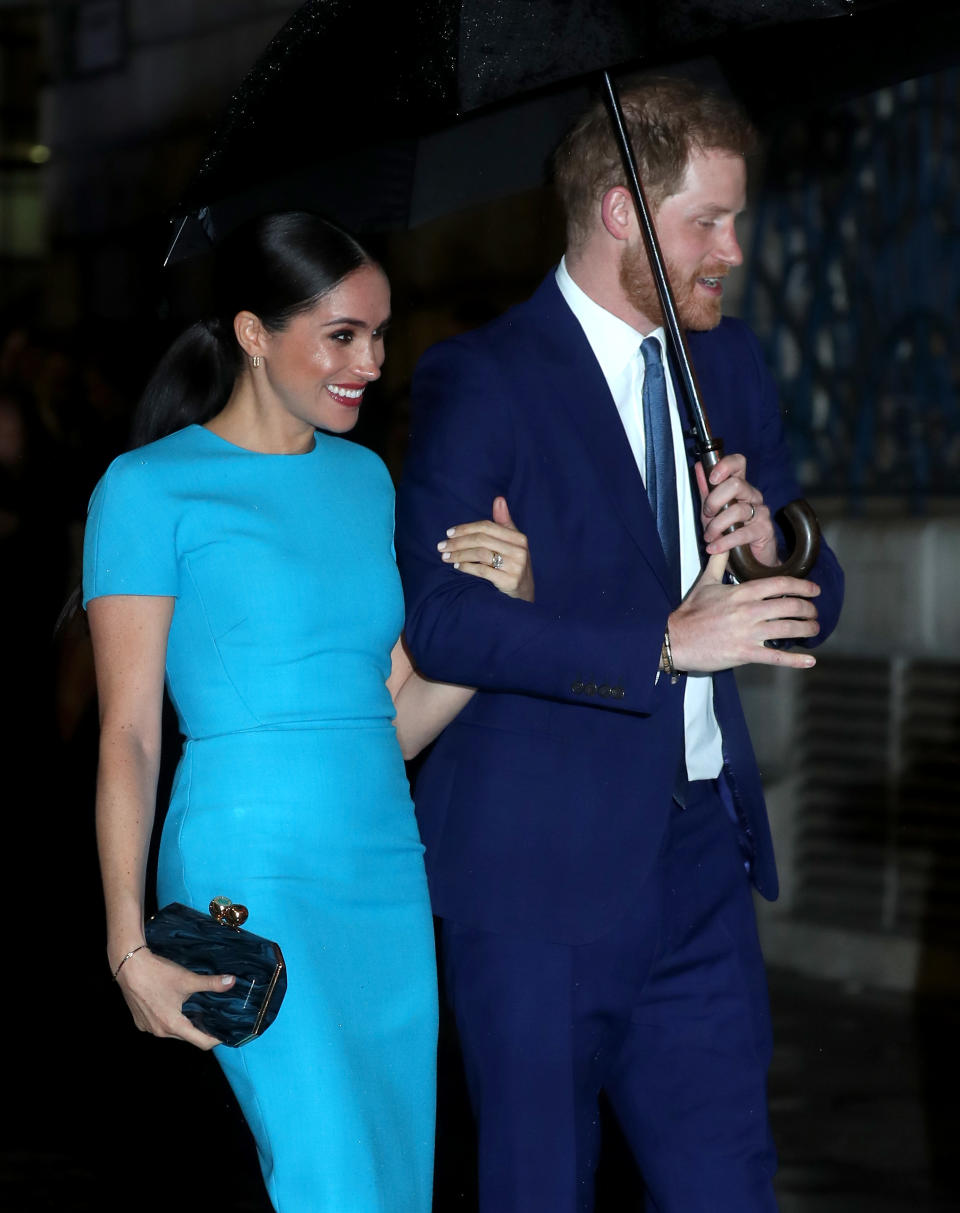 LONDON, ENGLAND - MARCH 05: Meghan, Duchess of Sussex and Prince Harry, Duke of Sussex attend The Endeavour Fund Awards at Mansion House on March 05, 2020 in London, England. (Photo by Chris Jackson/Getty Images)