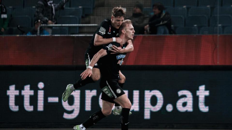 Mika Biereth celebrating a goal for Sturm Graz (Photo via Sturm Graz on Twitter)