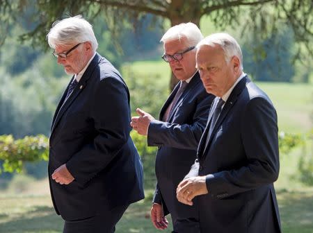 German Foreign Minister Frank-Walter Steinmeier (C), Poland's Foreign Minister Witold Waszczykowski (L) and French Foreign Minister Jean-Marc Ayraultin arrive to the Weimar Triangle meeting in Weimar, Germany, August 28, 2016. REUTERS/Jens Meyer/Pool