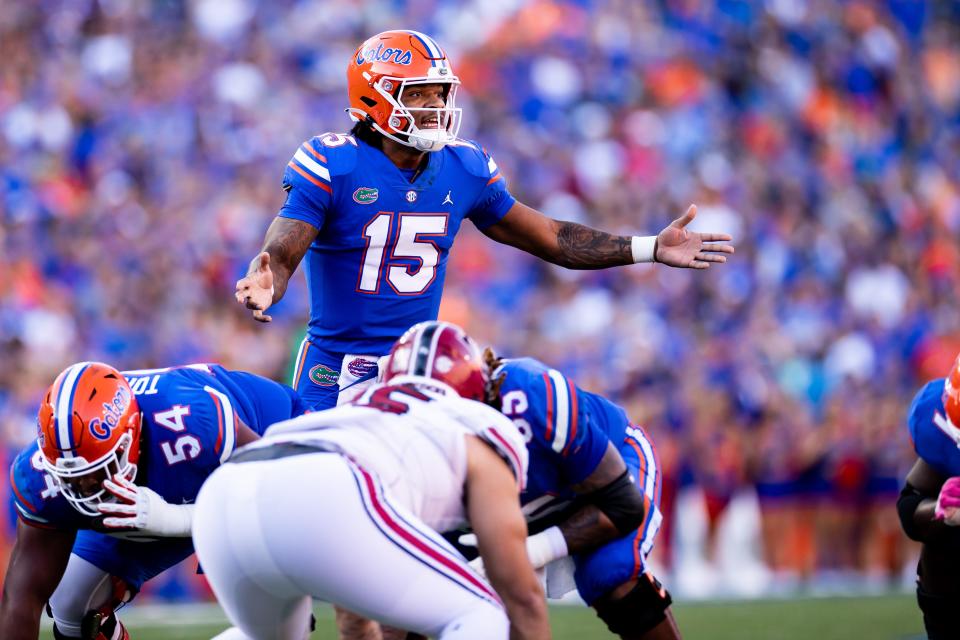 Florida quarterback Anthony Richardson (15) has the physical tools to be a quality NFL quarterback, but his accuracy issues and propensity to throw interceptions also makes him a big risk as a high first-round draft pick.