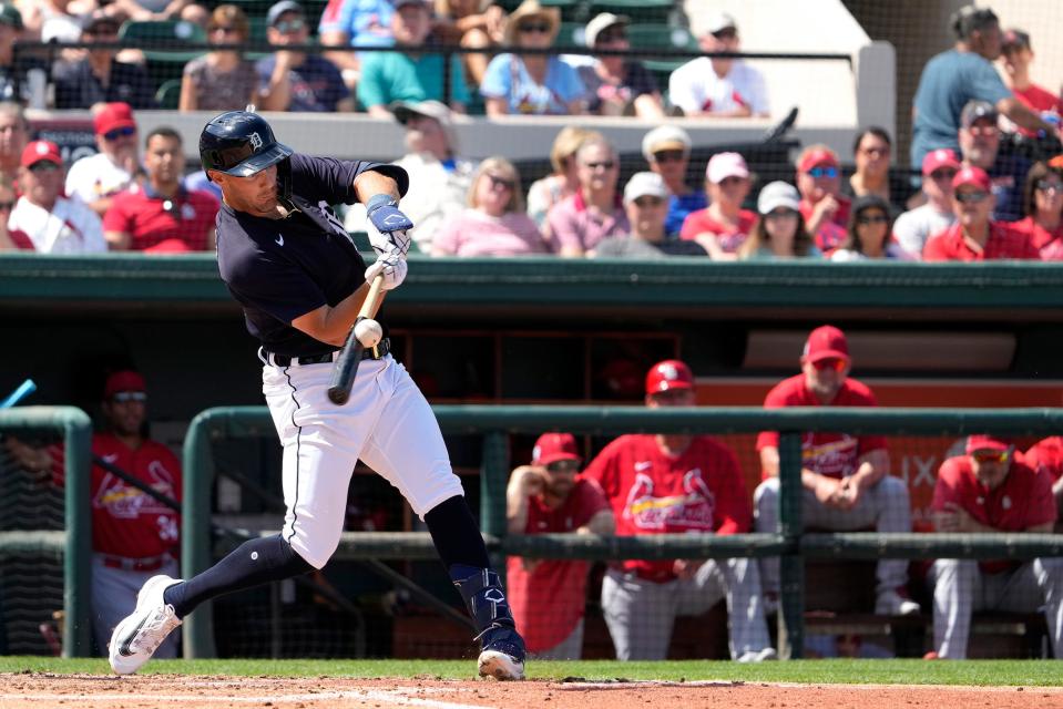 Tigers shortstop Ryan Kreidler hits an RBI double against the Cardinals in the second inning of the spring training game on Tuesday, March 7, 2023, in Lakeland, Florida.