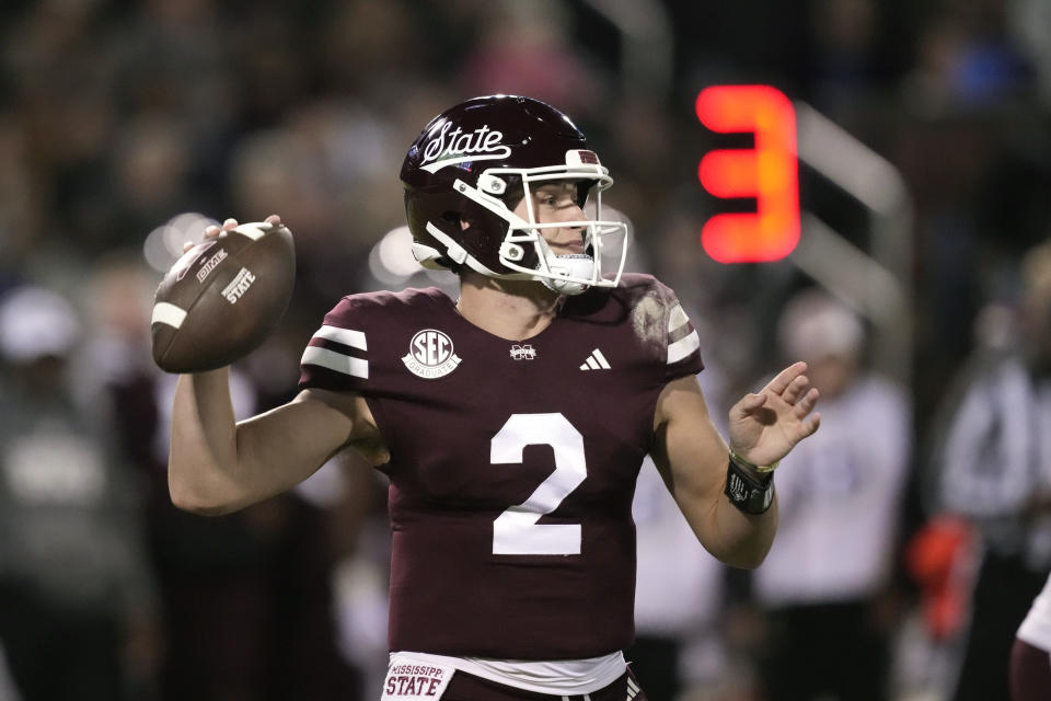 Mississippi State quarterback Will Rogers throws a pass against Mississippi during the second half of an NCAA college football game in Starkville, Miss., Thursday, Nov. 23, 2023. (AP Photo/Rogelio V. Solis)