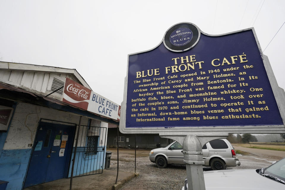 The Blue Front Cafe in Bentonia, Miss., photographed, Jan. 21, 2021, is one of oldest surviving juke joints in the state, and owned by bluesman Jimmy "Duck" Holmes, whose ninth album, "Cypress Grove," has earned a Grammy nomination for the Best Traditional Blues Album. (AP Photo/Rogelio V. Solis)