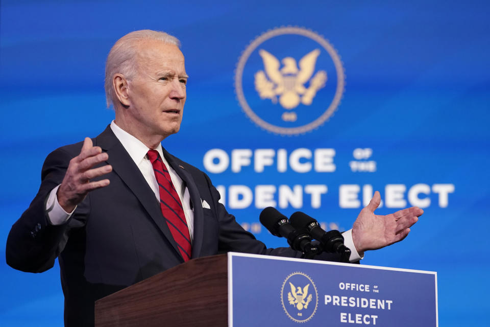 President-elect Joe Biden speaks during an event at The Queen theater, Friday, Jan. 15, 2021, in Wilmington, Del. (AP Photo/Matt Slocum)