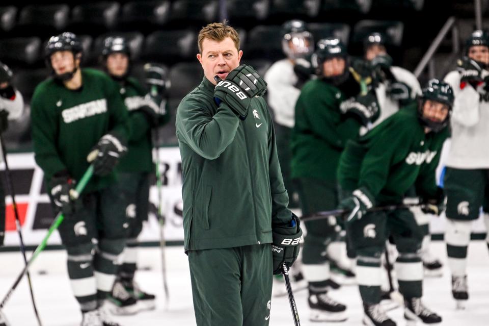 Michigan State's head coach Adam Nightingale looks on in practice during hockey media day on Wednesday, Sept. 27, 2023, at Munn Arena in East Lansing.