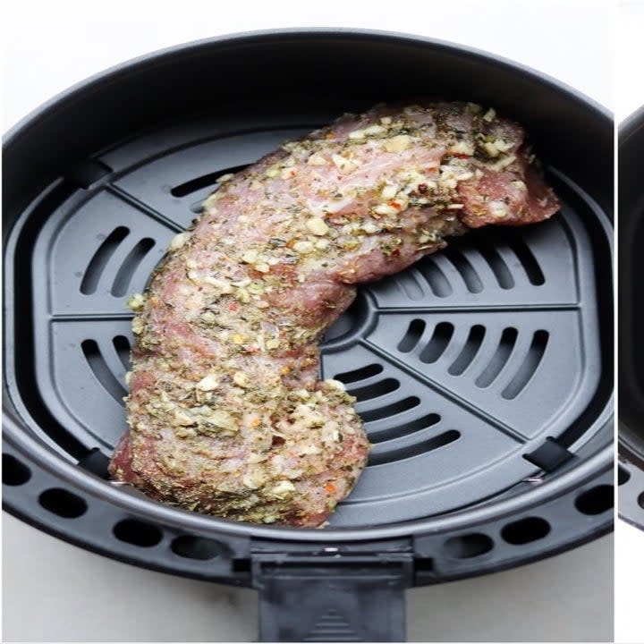 A marinated pork tenderloin in the air fryer.