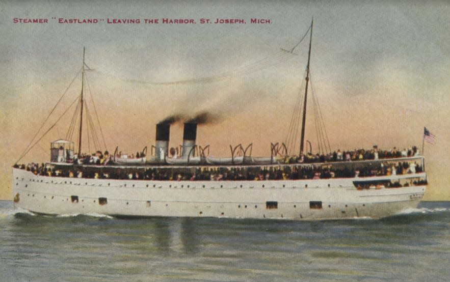 Color postcard of passenger steamer Eastland underway leaving the harbor in St. Joseph, Michigan. Port side view.