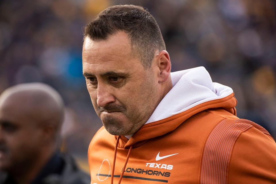 Texas head coach Steve Sarkisian reacts after the Longhorns' loss to West Virginia.