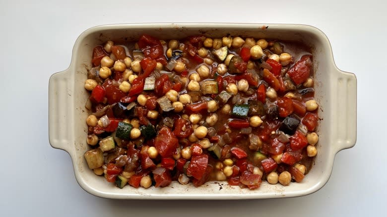vegetable casserole in white pan