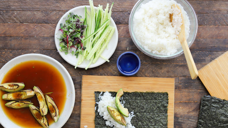 Marinated avocado on sushi rice