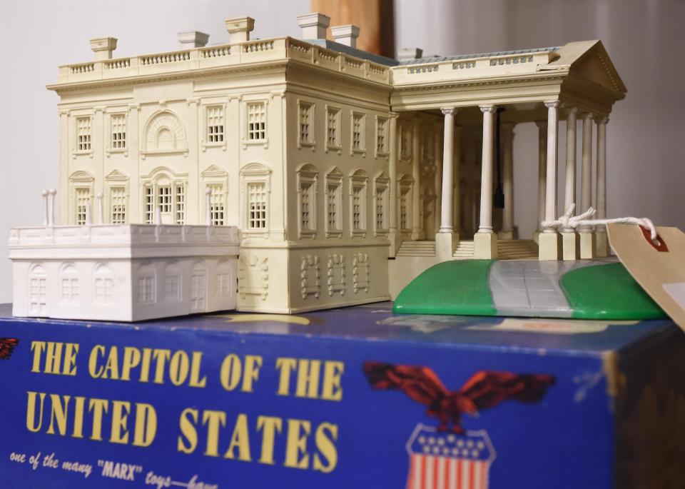 A plastic model of the U.S. Capitol building, "one of the many 'Marx' toys" as stated on the packaging, is stored on a shelf at the Hagen History Center.