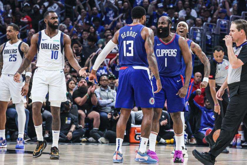 Los Angeles, CA, Sunday, April 21, 2024 - LA Clippers guard James Harden (1) celebrates.