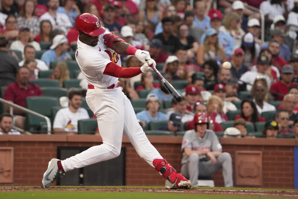 St. Louis Cardinals' Jordan Walker hits a two-run home run during the second inning of a baseball game against the Cincinnati Reds Friday, June 9, 2023, in St. Louis. (AP Photo/Jeff Roberson)