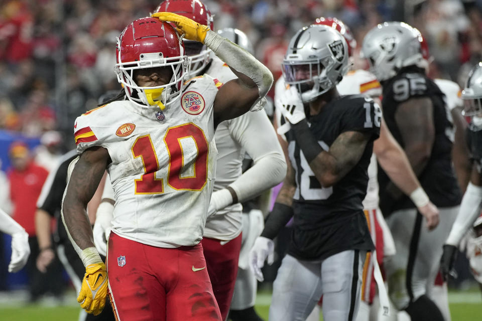 Kansas City Chiefs running back Isiah Pacheco (10) celebrates after scoring against the Las Vegas Raiders during the second half of an NFL football game, Sunday, Nov. 26, 2023, in Las Vegas. (AP Photo/John Locher)