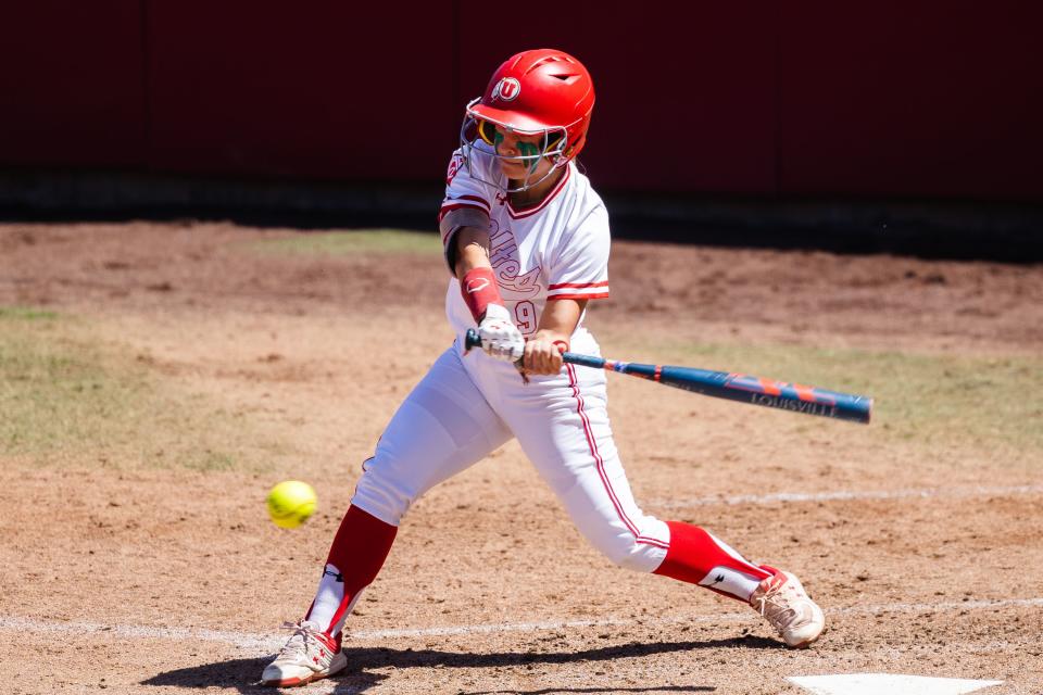 Utah infielder Sophie Jacquez (9) swings at the ball during an NCAA softball game between Utah and UCLA at Dumke Family Softball Stadium in Salt Lake City on April 29, 2023. | Ryan Sun, Deseret News