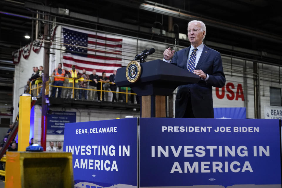 President Joe Biden speaks at the Amtrak Bear Maintenance Facility, Monday, Nov. 6, 2023, in Bear, Del. (AP Photo/Andrew Harnik)