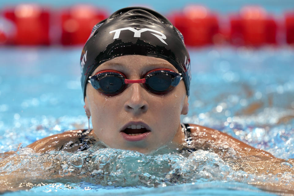 Katie Ledecky of United States leaves the pool after her swim in a women's 200-meter freestyle semifinal at the 2020 Summer Olympics, Tuesday, July 27, 2021, in Tokyo, Japan. (AP Photo/Martin Meissner)